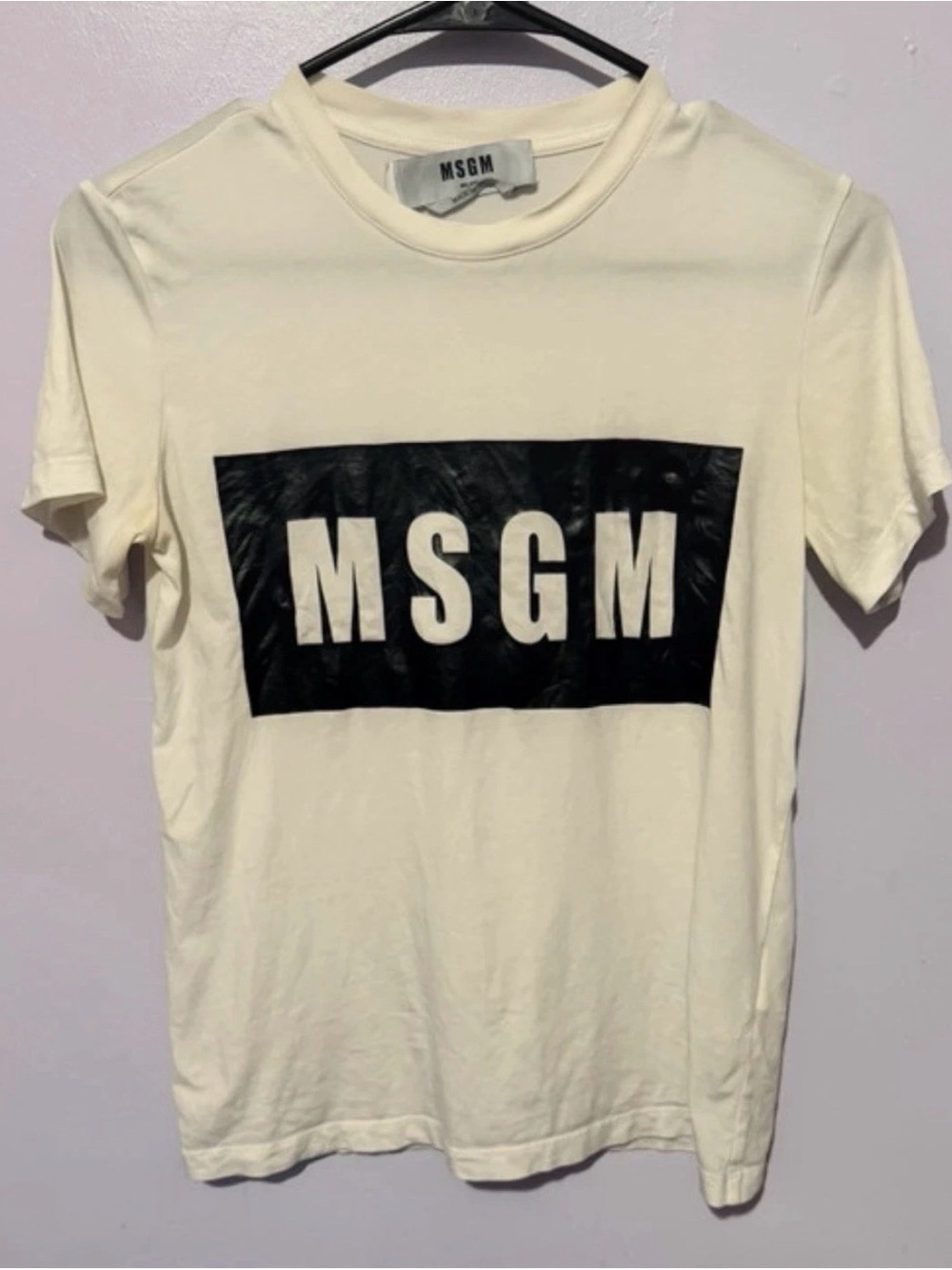MSGM Cream Short-Sleeve Logo T-Shirt with Black Panel